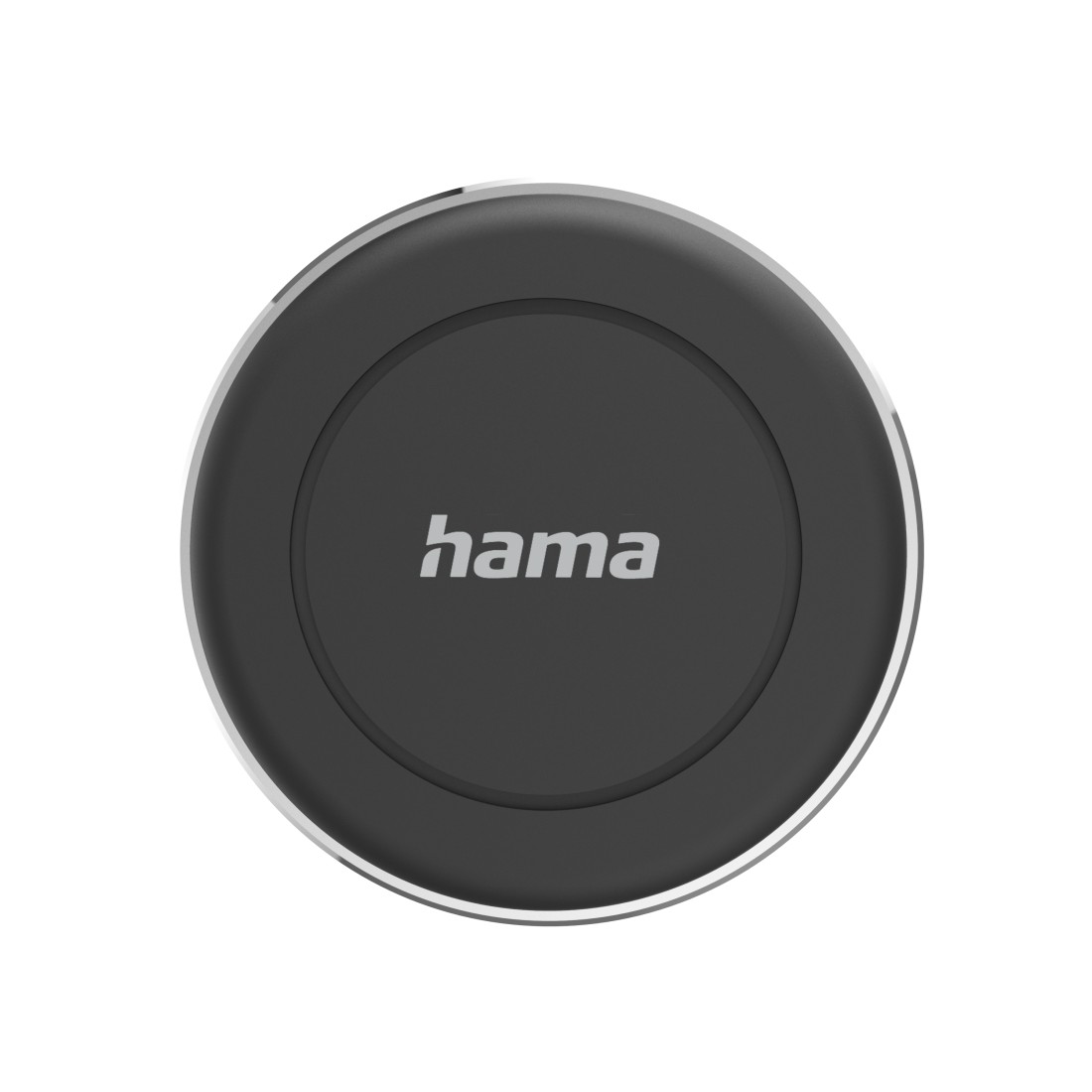 Ein schwarzes kabelloses Ladegerät von Hama auf weißem Hintergrund. Es ist rund mit silbernem Rand und dem weißen Hama-Logo.