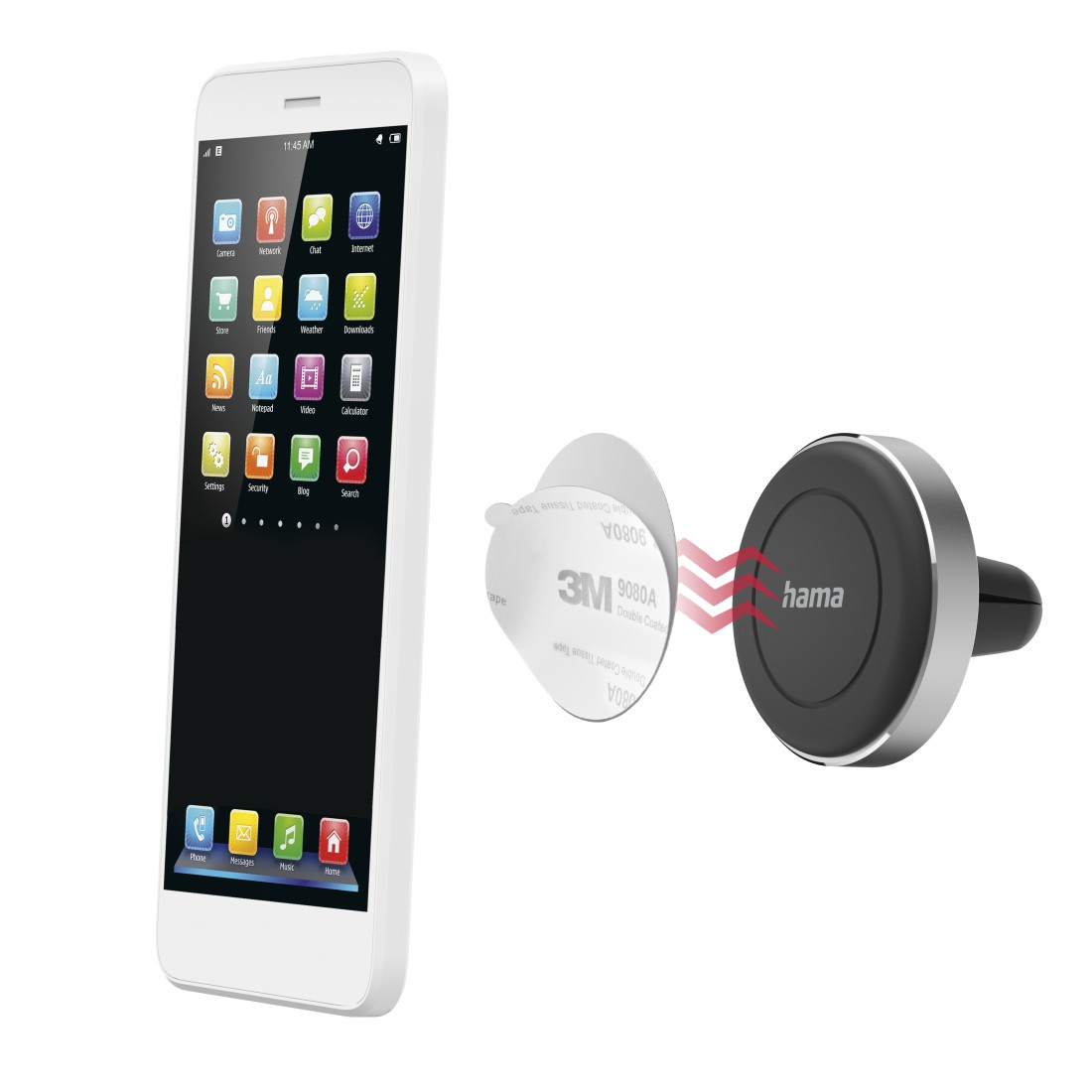 Ein weißes Smartphone zeigt Apps an. Rechts ist eine Autotelefonhalterung mit Magnet. Zwischen ihnen befindet sich ein 3M-Kleber.