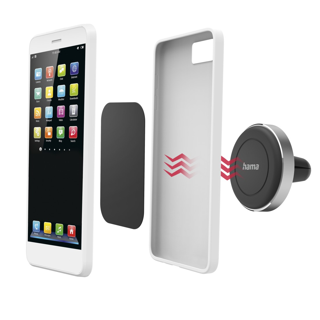 Weißes Smartphone, schwarzer Magnet, weiße Handyhülle und eine Autohalterung. Symbole auf dem Telefonbildschirm. Hama-Logo.