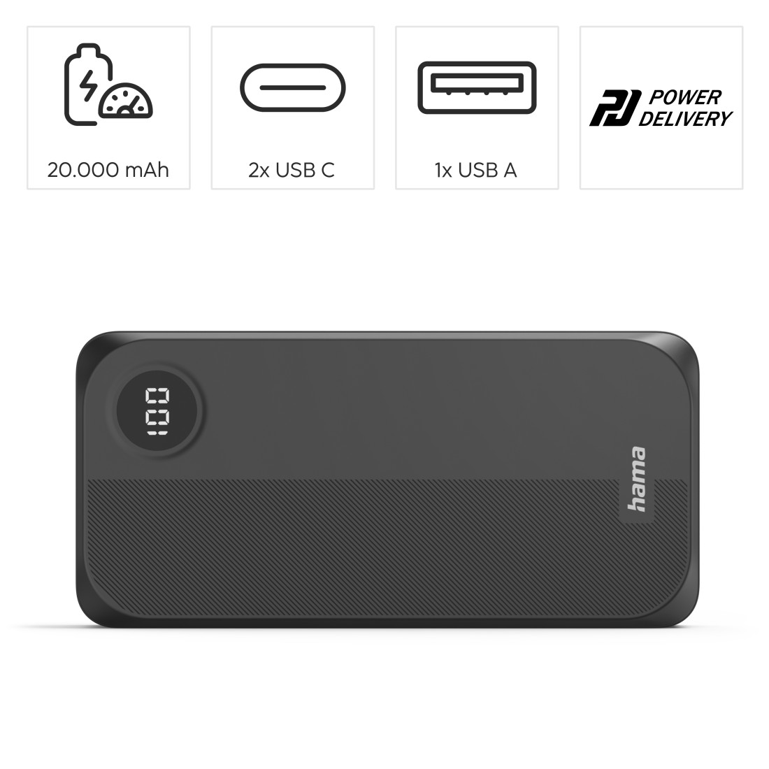 Schwarze Hama Powerbank mit 20.000 mAh, 2x USB C, 1x USB A und Power Delivery. Sie zeigt 100% Ladung an.