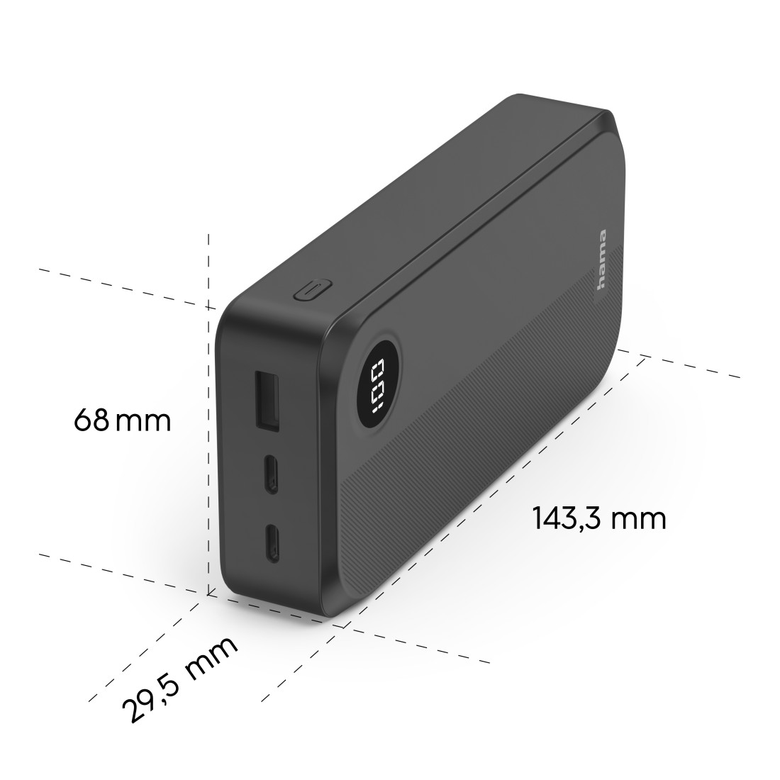 Eine schwarze Hama-Powerbank wird in einem Winkel auf weißem Hintergrund angezeigt. Abmessungen sind angegeben: 143,3 mm, 68 mm und 29,5 mm.