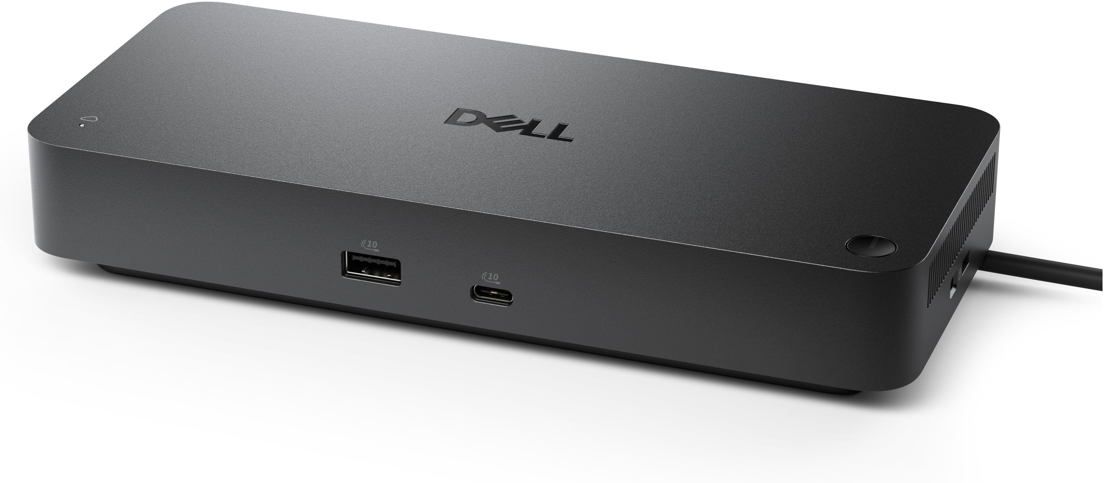 Eine schwarze Dell-Dockingstation auf weißem Untergrund. Sie hat einen USB-Anschluss, einen USB-C-Anschluss und das Dell-Logo.