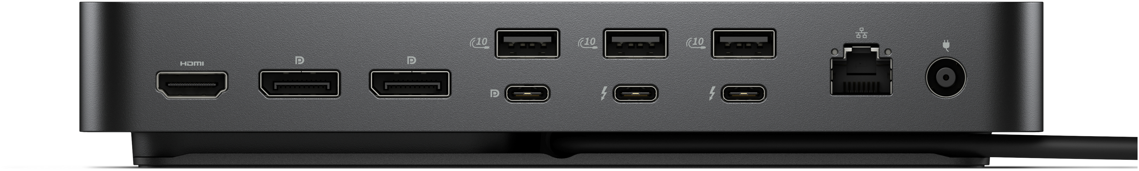 Eine dunkelgraue Dockingstation mit verschiedenen Anschlüssen: HDMI, USB, Ethernet und Strom. Verfügt über mehrere USB-C- und USB-A-Anschlüsse.