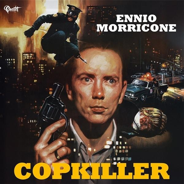 A Copkiller című film posztere Ennio Morriconéval. Egy férfi pisztolyt tart, egy rendőr ugrik, a háttérben egy rendőrautó látható.