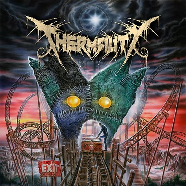 Albumcover mit einem Monstergesicht, einer Achterbahn und einer Person. Das Wort Thermality steht oben, mit rotem Himmel.