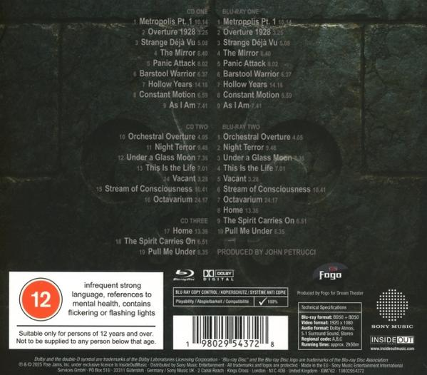 Rückseite des CD-Covers mit Titeln, Bewertung und Warnhinweisen. Enth ält Informationen zum Dream Theater-Album und eine Altersempfehlung.