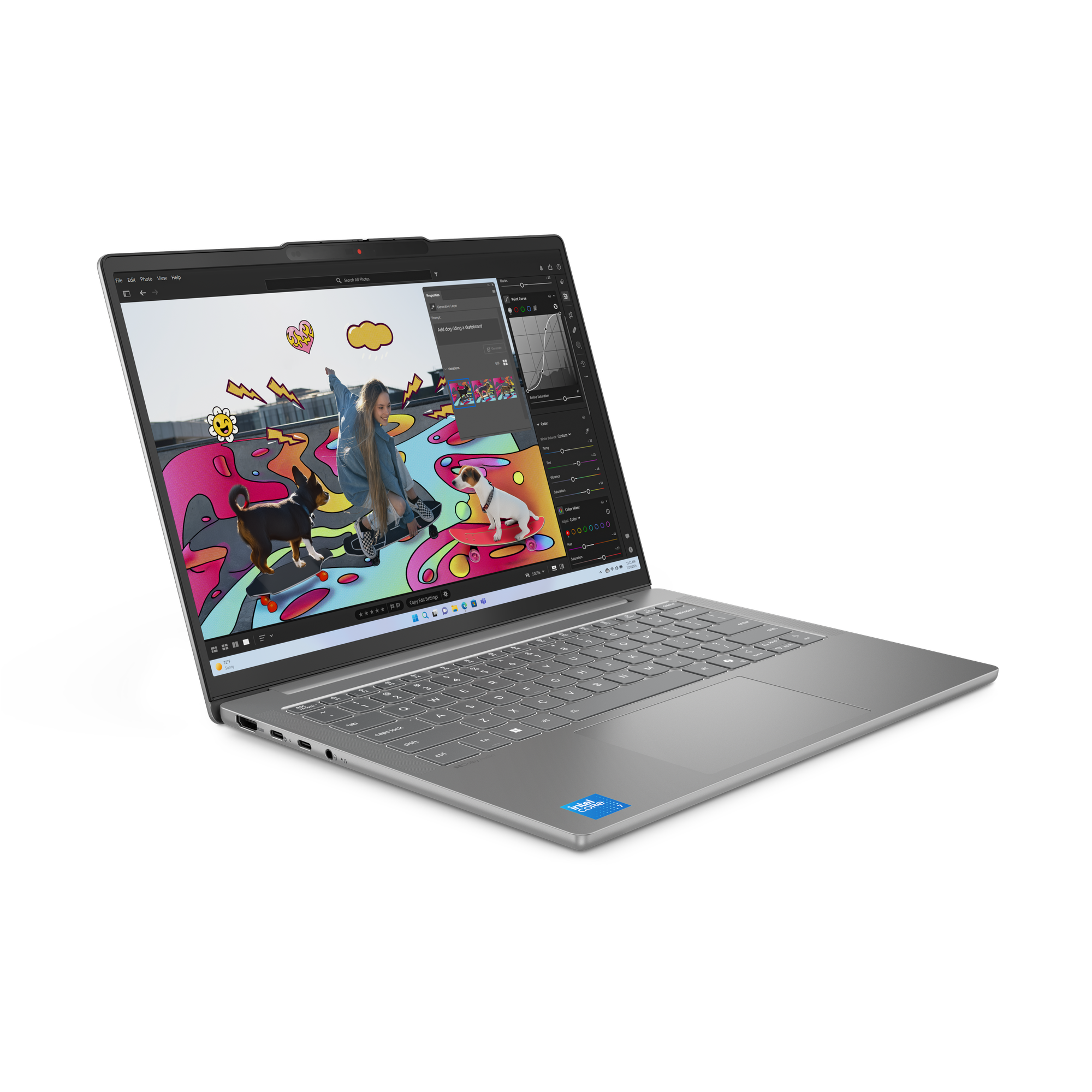 Silberner Laptop, der eine Foto-Editor-Oberfläche mit einem farbenfrohen Bild einer Person und Hunden anzeigt.