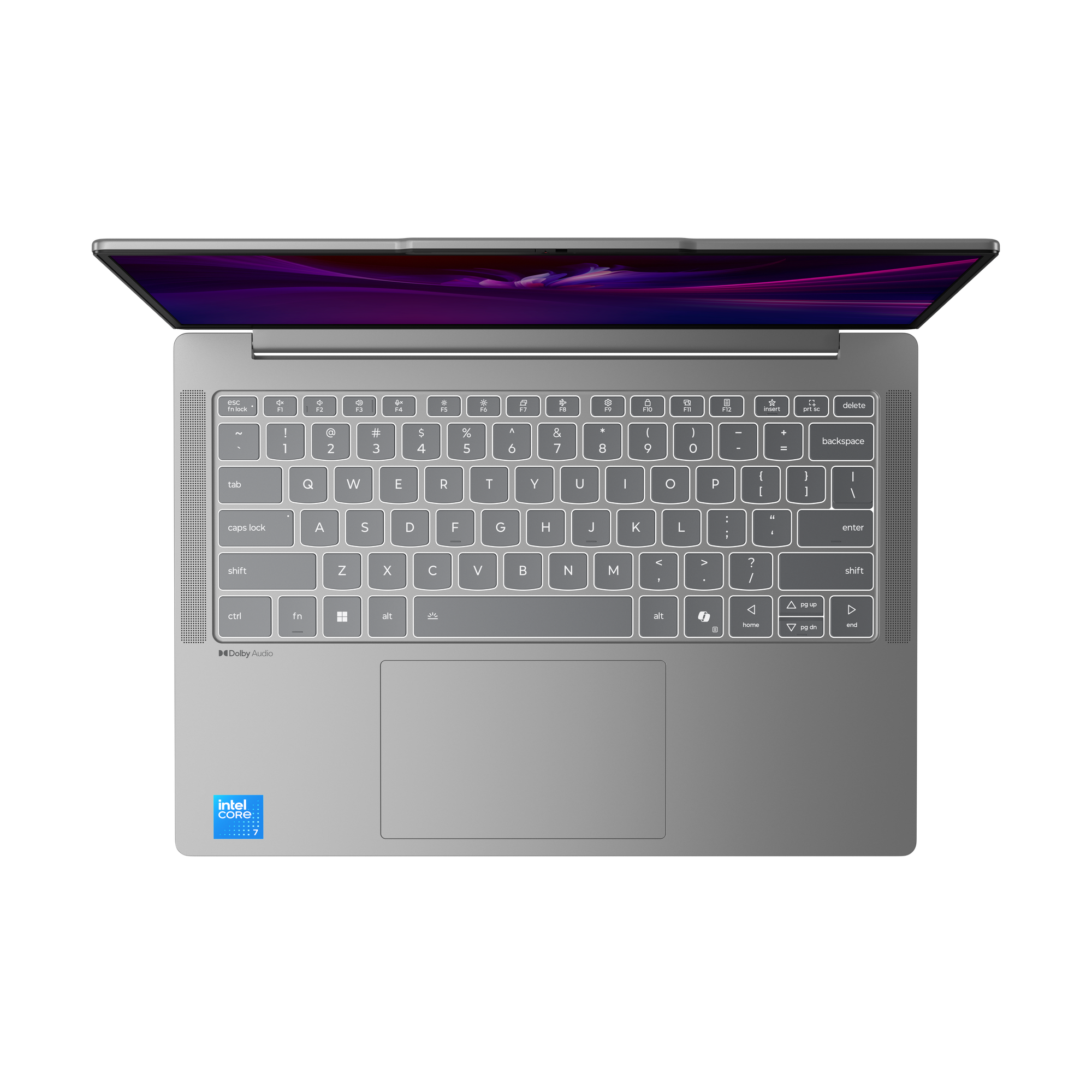 Ein silberner Laptop ist auf einer schwarzen Oberfläche geöffnet. Die Tastatur ist sichtbar, darunter ein Touchpad. Der Bildschirm zeigt einen lila Farbverlauf.