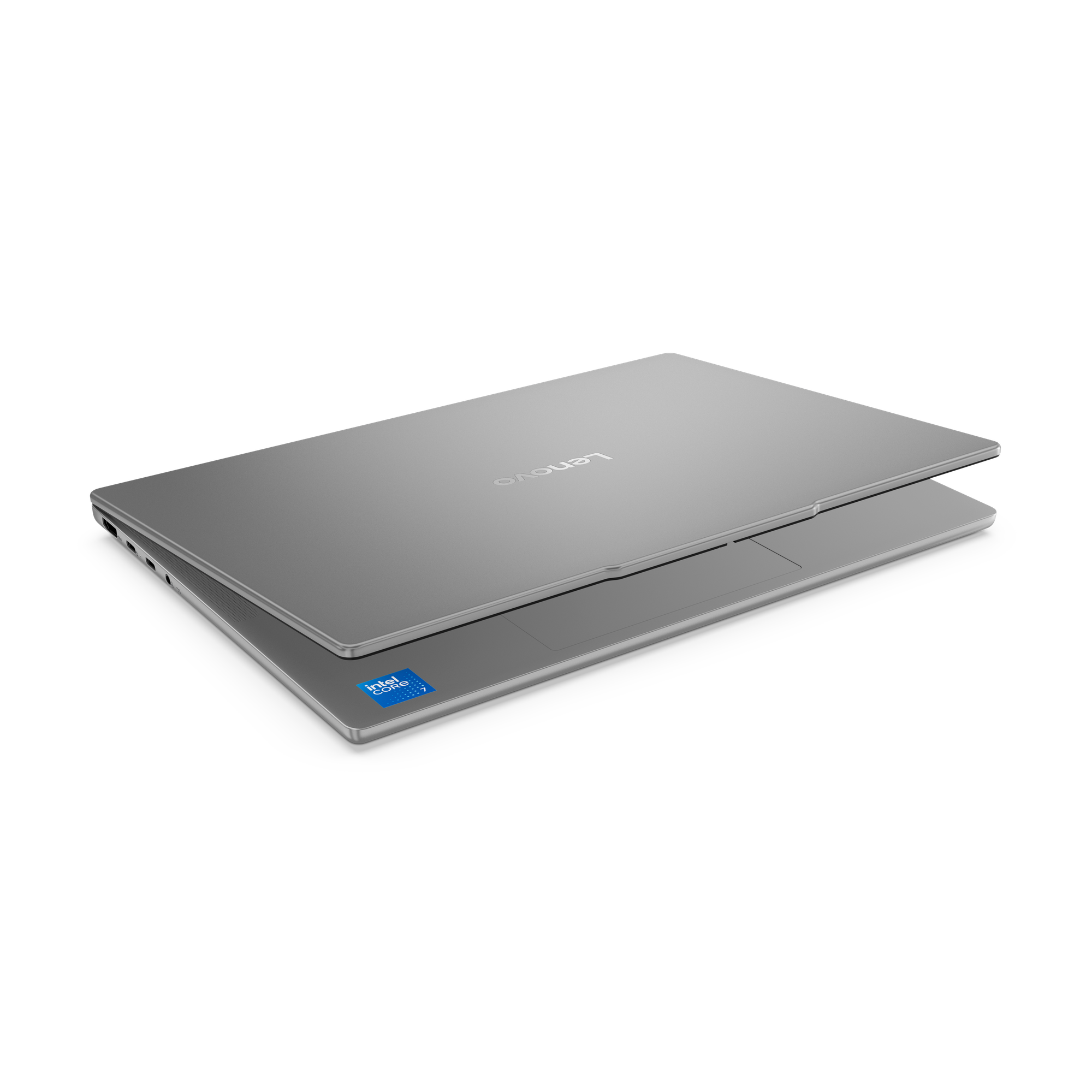 Silberner Lenovo-Laptop, teilweise geöffnet, auf schwarzem Hintergrund. Intel Core-Aufkleber sichtbar. Lenovo-Logo oben.