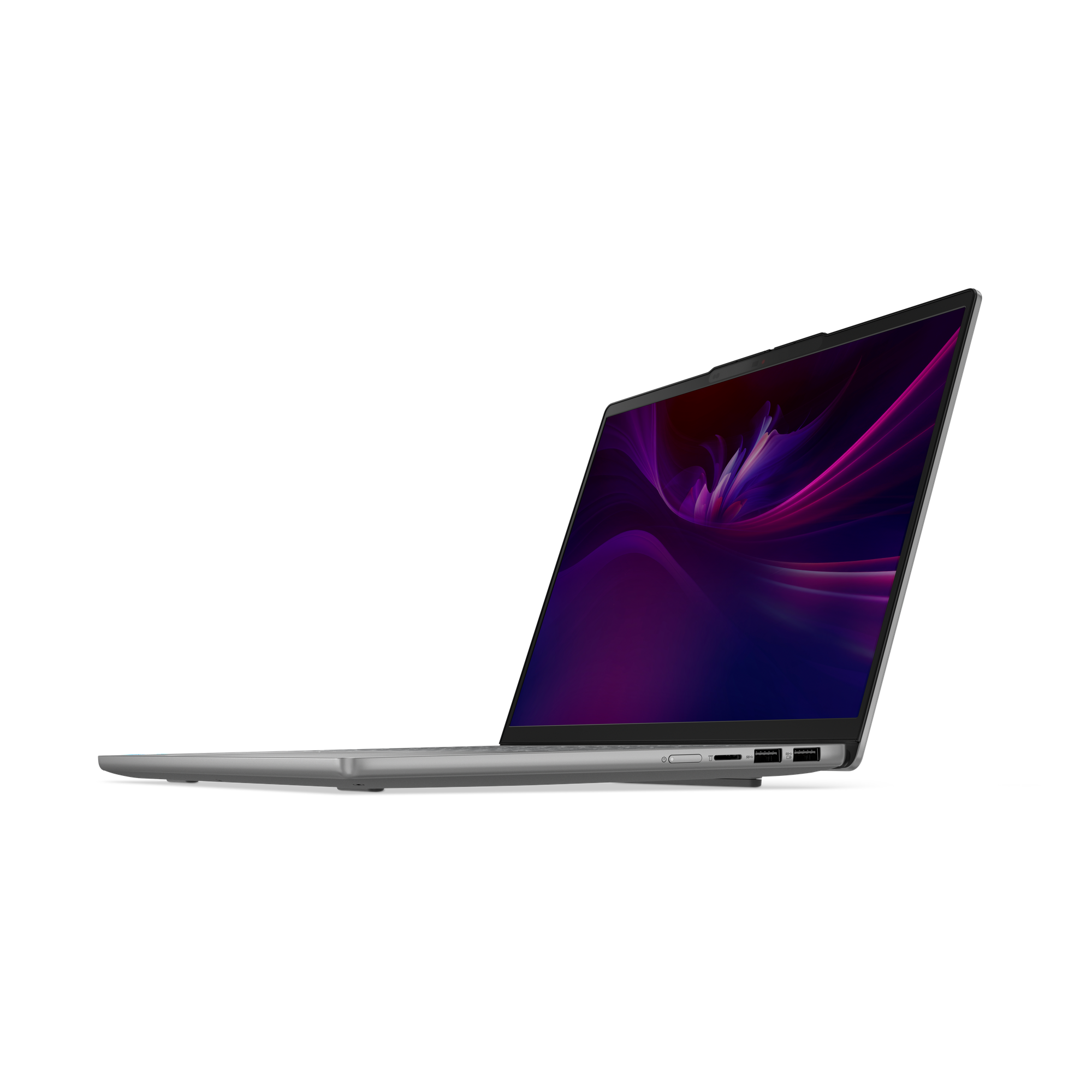 Ein silberner Laptop ist geöffnet und zeigt ein lila und rosa Design auf dem Bildschirm. Der Hintergrund ist schwarz.