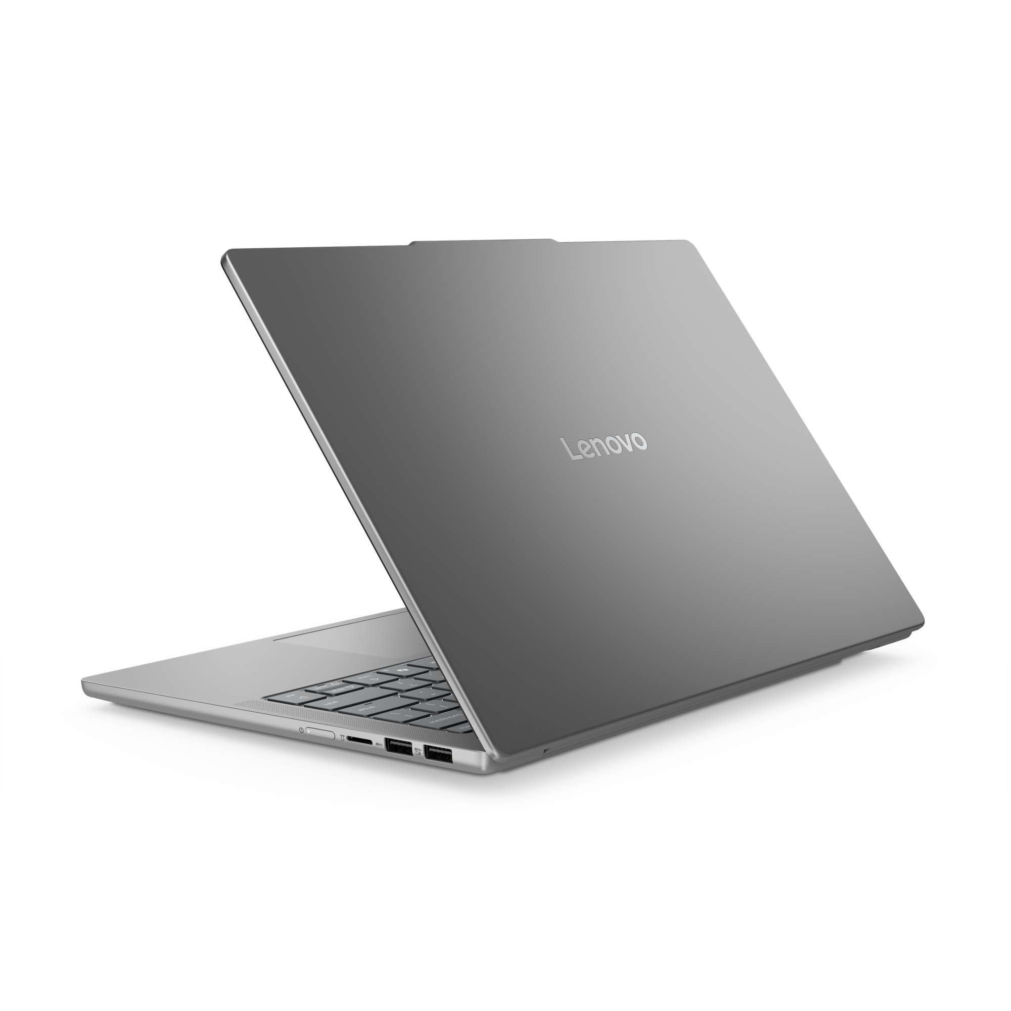 Ein silberner Lenovo-Laptop ist geöffnet. Der Bildschirm ist nach oben angewinkelt und zeigt das Lenovo-Logo. Der Hintergrund ist schwarz.