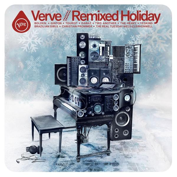 Ein Klavier mit Lautsprechern und elektronischer Ausrüstung, mit einer Bühne und Kopfhörern. Auf dem Cover steht 'Verve Remixed Holiday'.