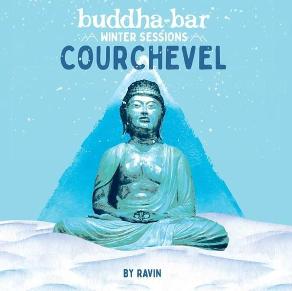 Das Bild zeigt eine Buddha-Statue in einer Schneelandschaft. Der Text lautet Buddha-Bar Winter Sessions Courchevel by Ravin.