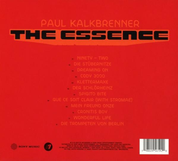 Albumcover für Paul Kalkbrenners 'The Essence'. Roter Hintergrund, schwarzer Text und Titelliste. Sony Music-Logo links unten.