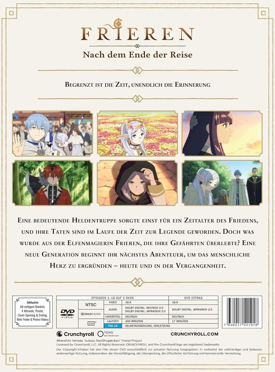 DVD-Cover für den Anime Frieren. Zeigt Charaktere und Titel. Text auf Deutsch. Enthält Extras und Crunchyroll-Logo.