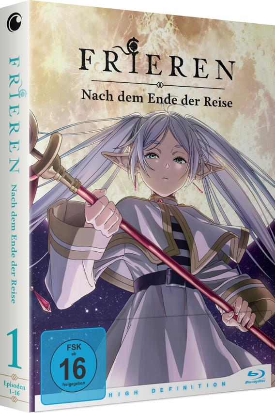 Anime-Cover zeigt Charakter mit silbernen Haaren und Stab. Der Titel lautet 'Frieren'. Eine Altersfreigabe von 16 ist sichtbar.