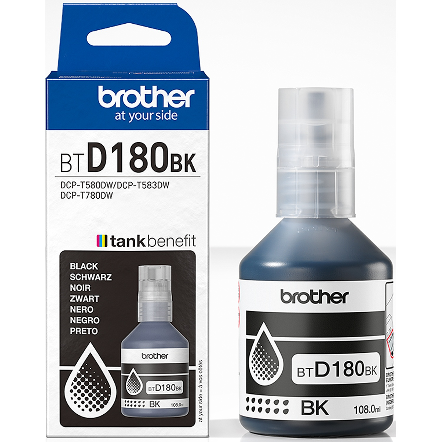 A Brother ink bottle and box. The box is blue and white with the Brother logo and ink details. The bottle is black ink.