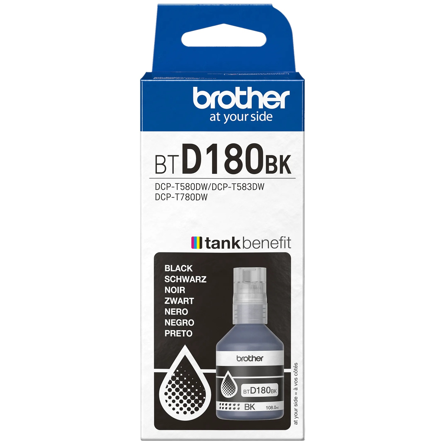 A Brother ink bottle in a box. The box is white and blue with the Brother logo. The bottle is black with black ink.