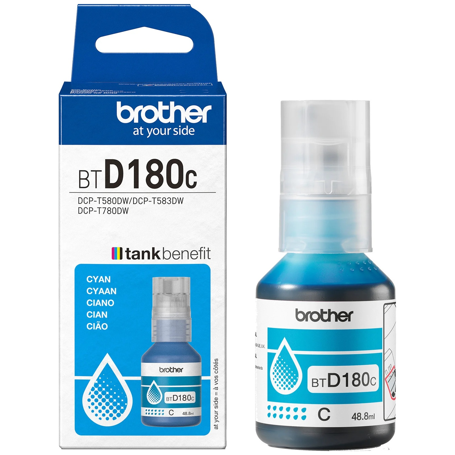 A Brother ink bottle and box. The bottle contains blue ink. The box has the Brother logo and product information.