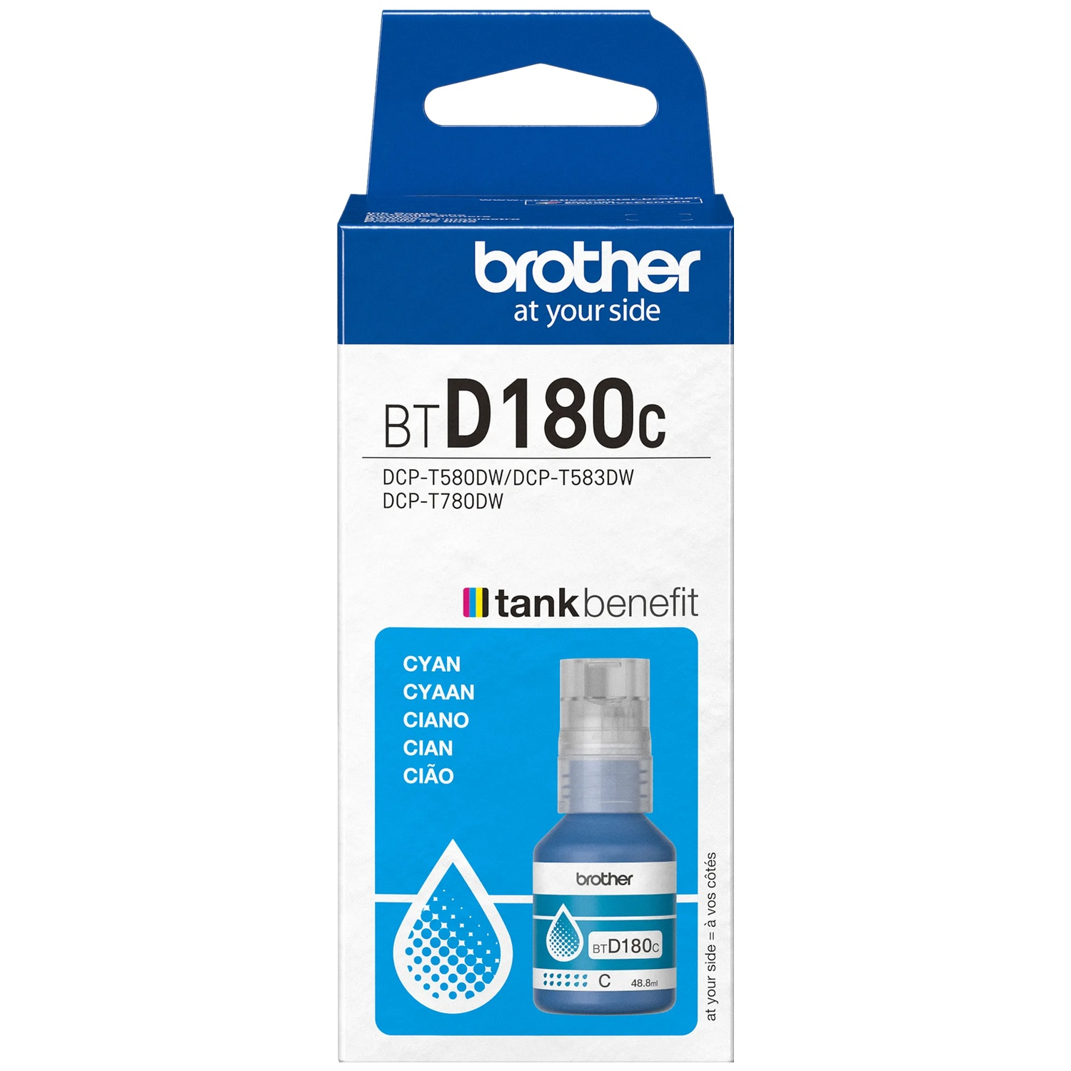 Box of Brother ink with cyan color, BT D180c model. Contains an ink bottle with blue ink. White background and Brother logo.