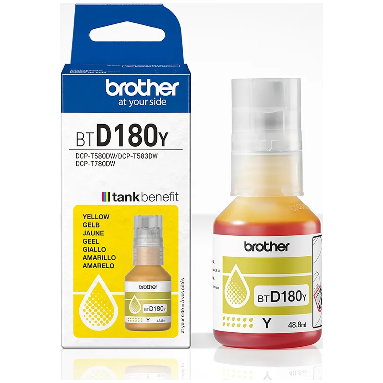 A Brother ink bottle and box. The bottle contains yellow ink. The box is blue and white with yellow accents.
