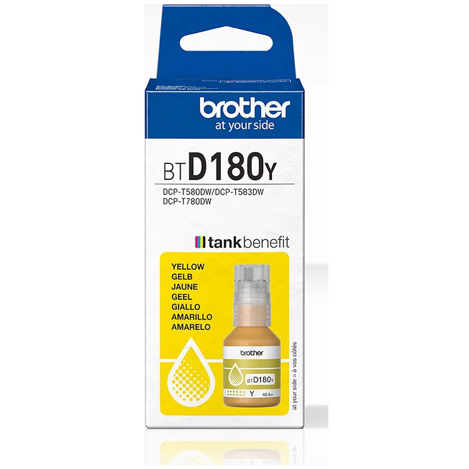 A yellow Brother ink bottle inside a box, with text indicating model BTD180Y and multiple language labels for yellow.