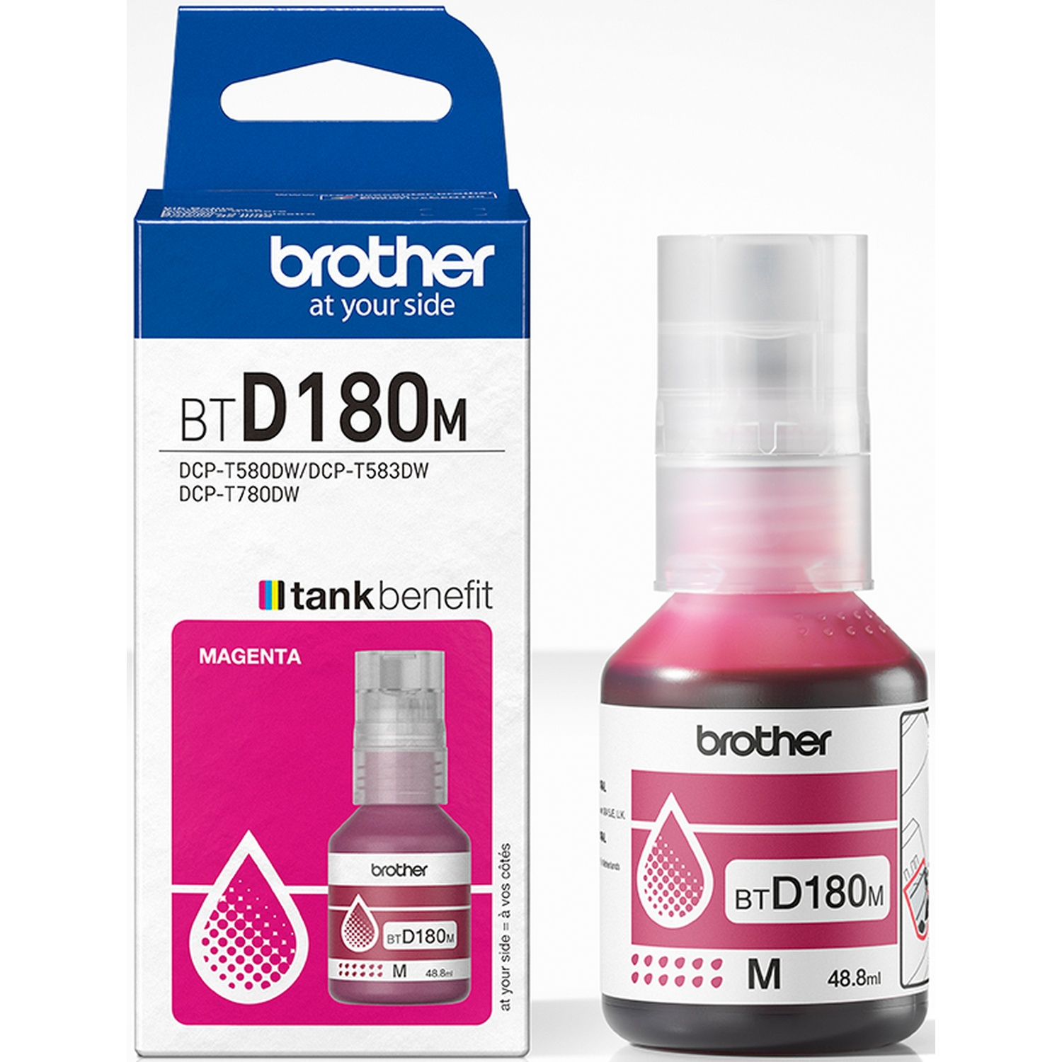 A magenta ink bottle and box. The box says 'Brother' and 'BTD180M'. The bottle has a pink liquid and a white cap.