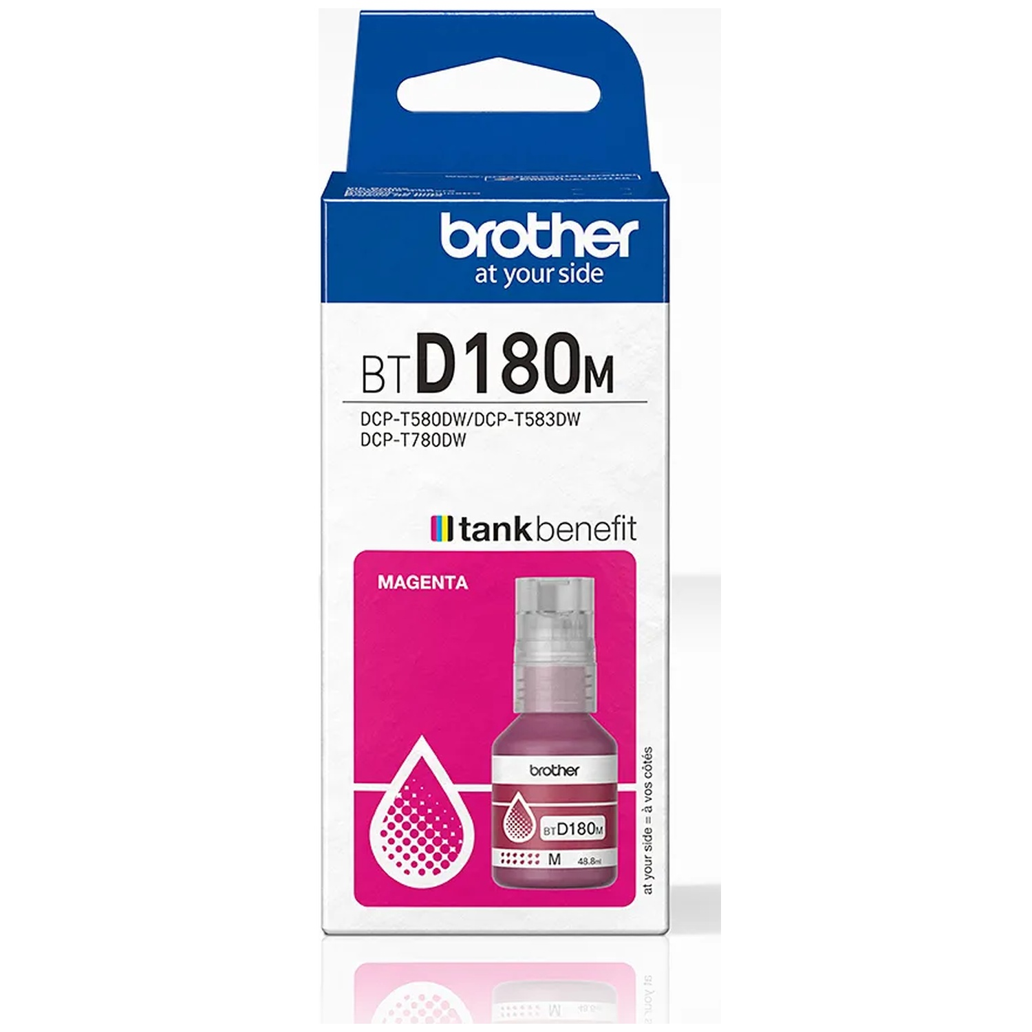 A Brother ink cartridge box. It is magenta ink, model BTD180M. The box is white with blue accents. 