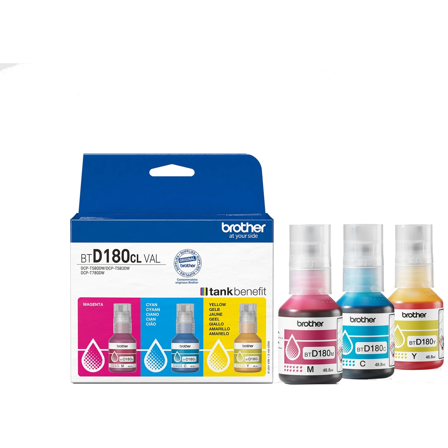 A Brother ink cartridge box with ink bottles. Colors include magenta, cyan, and yellow. Text on box: BTD180CL VAL.