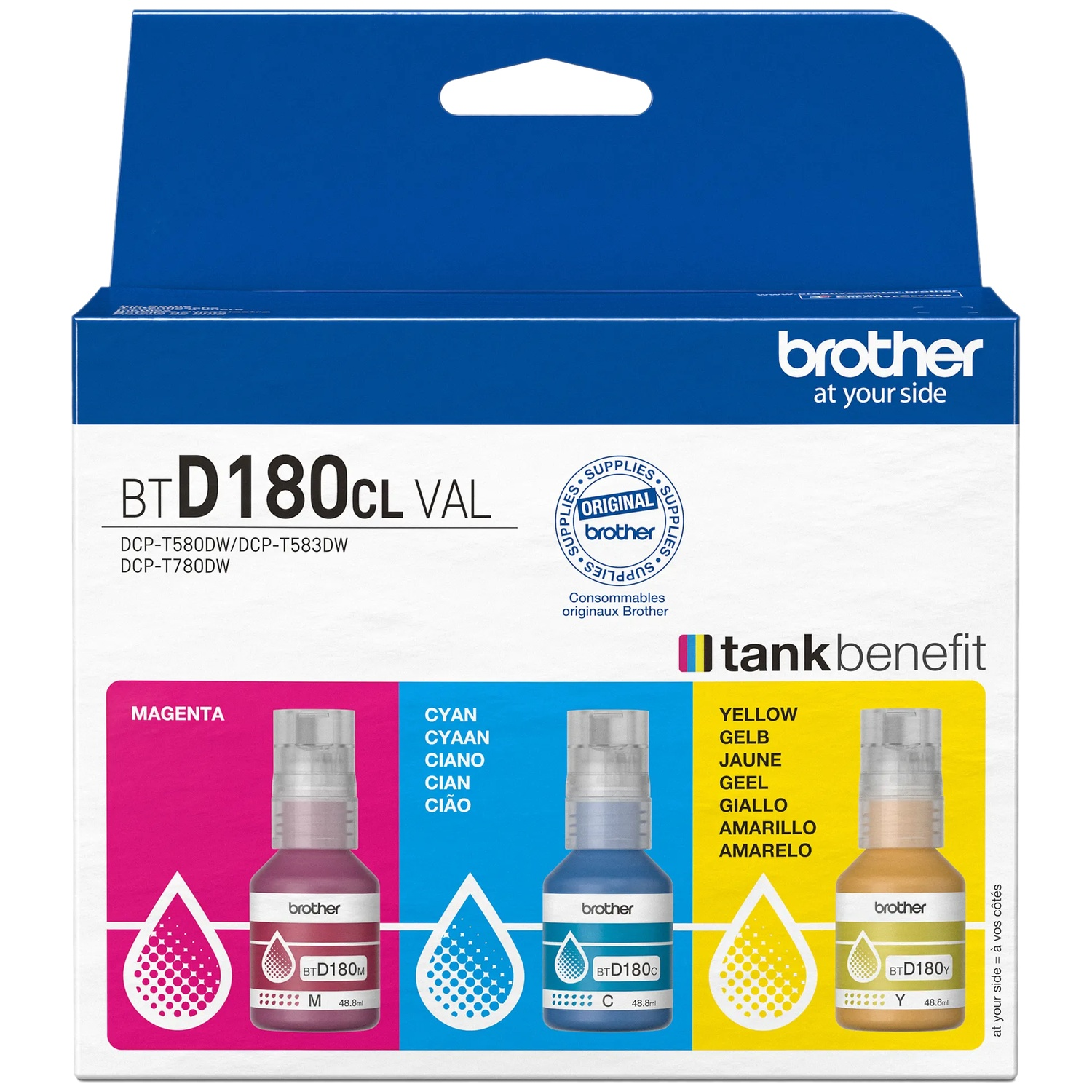 Box of Brother ink cartridges. Magenta, cyan, and yellow ink bottles are displayed. Text includes 'Brother' and ink names.