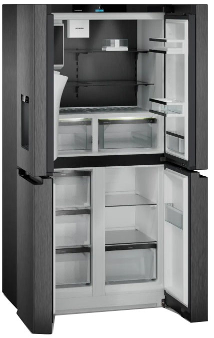 Ein moderner, offener Kühlschrank mit mehreren Fächern, Regalen und Schubladen. Die Außentüren sind dunkelgrau, der Innenraum ist weiß.