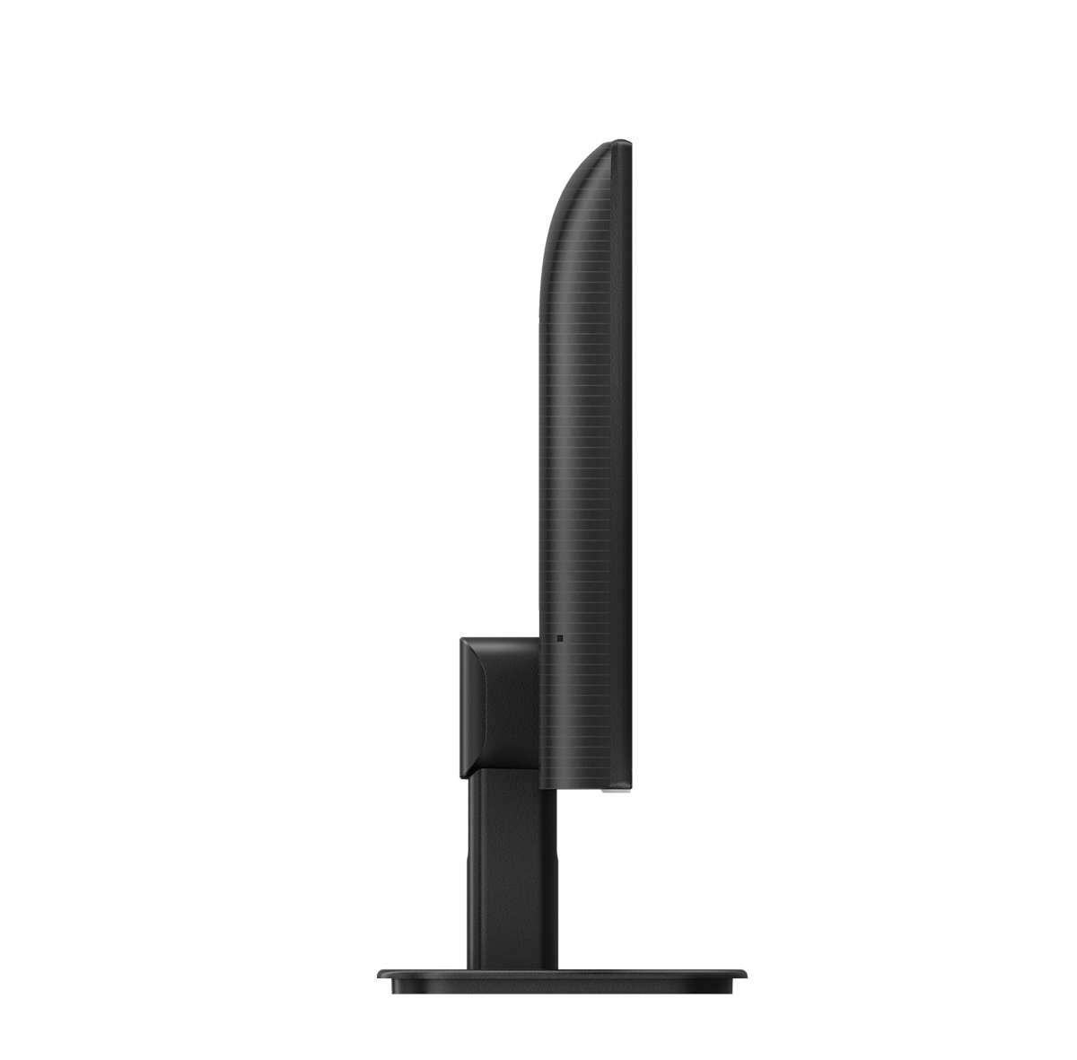 Seitenansicht eines schwarzen Computermonitors auf weißem Hintergrund. Der Monitor hat ein geschwungenes Design und einen Ständer.