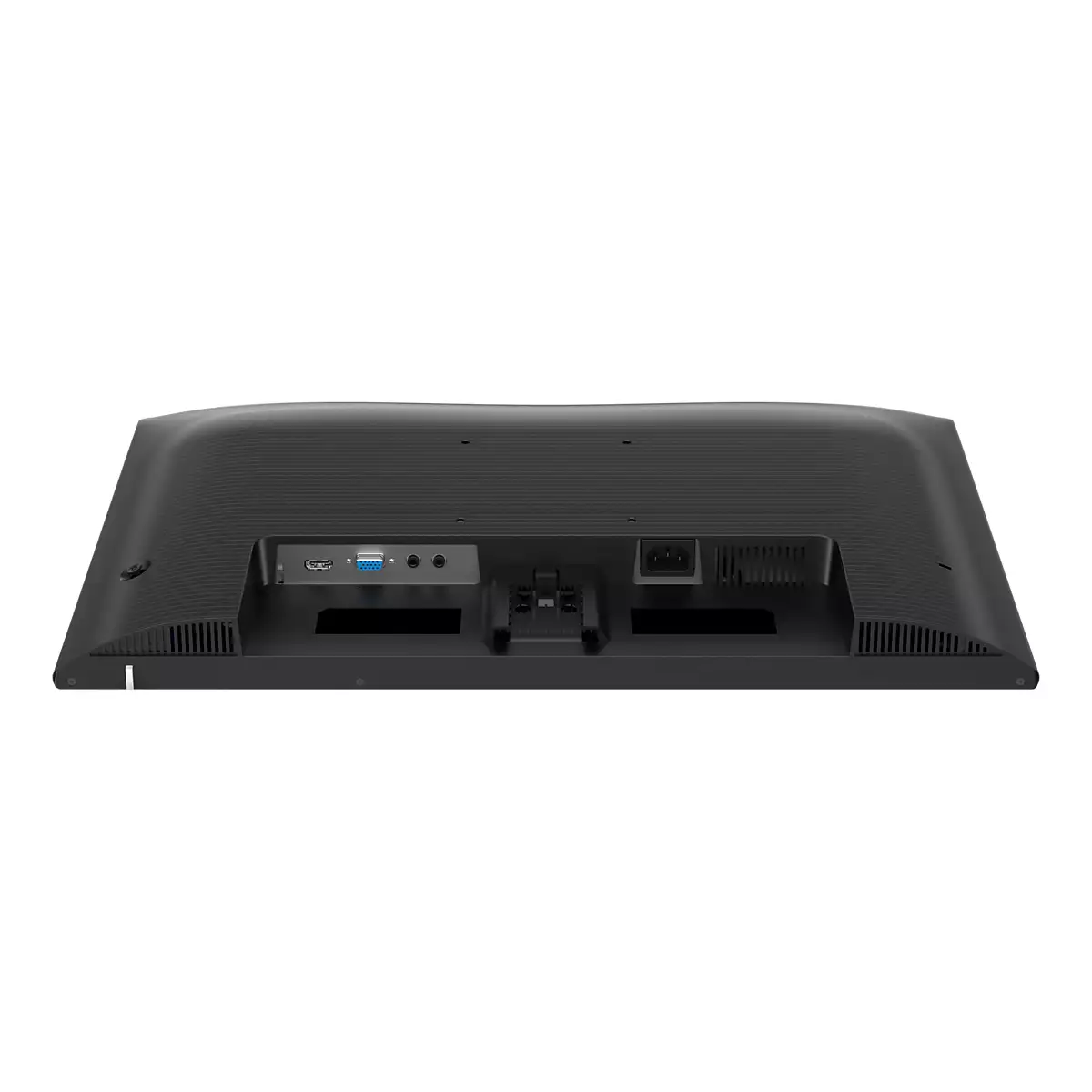 Rückansicht eines schwarzen Computermonitors. Anschlüsse sind HDMI, VGA, Audio und Strom. Die Unterseite hat Belüftung. Weißer Hintergrund.