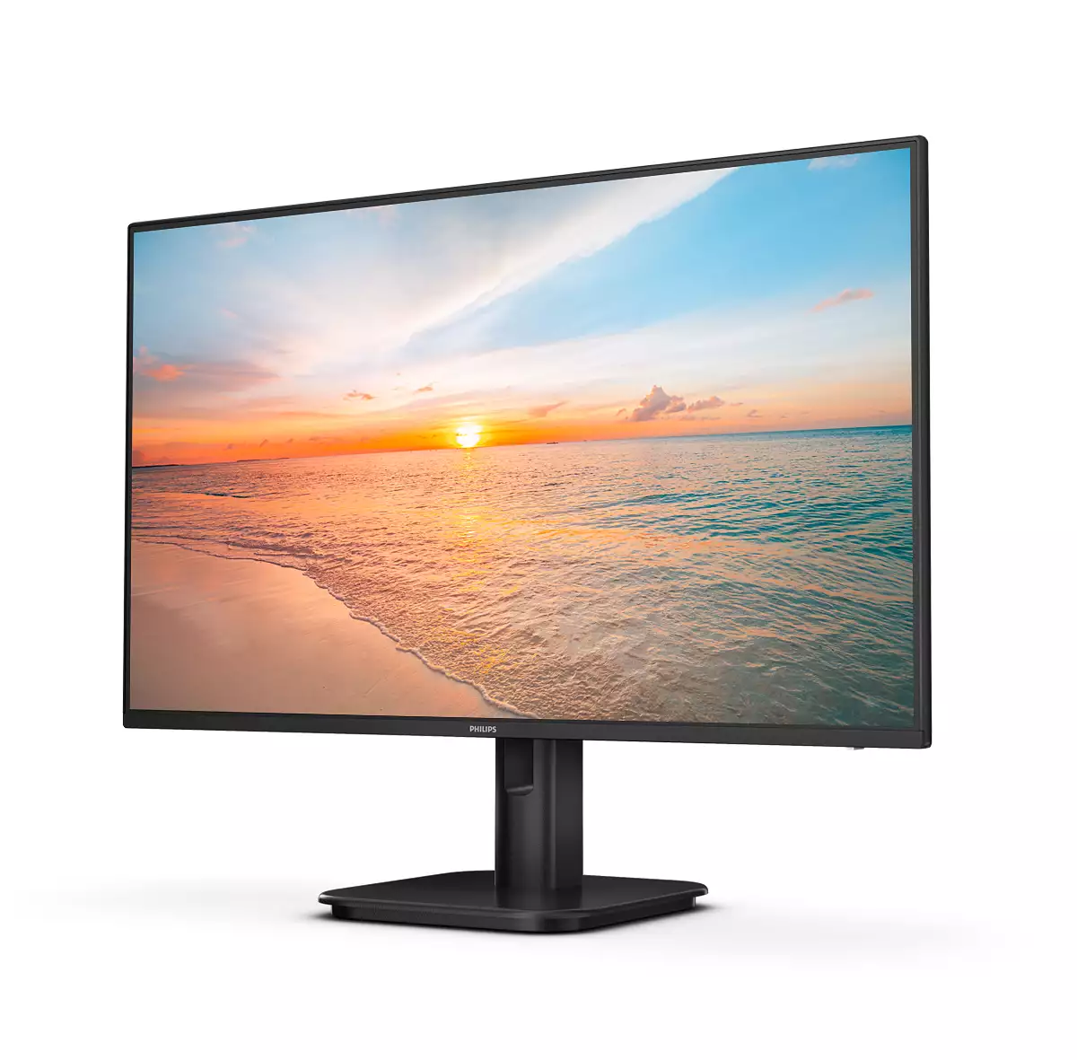 Ein Computermonitor, der eine Strandszene bei Sonnenuntergang zeigt. Der Monitor ist schwarz, mit einem schwarzen Ständer. Weißer Hintergrund.