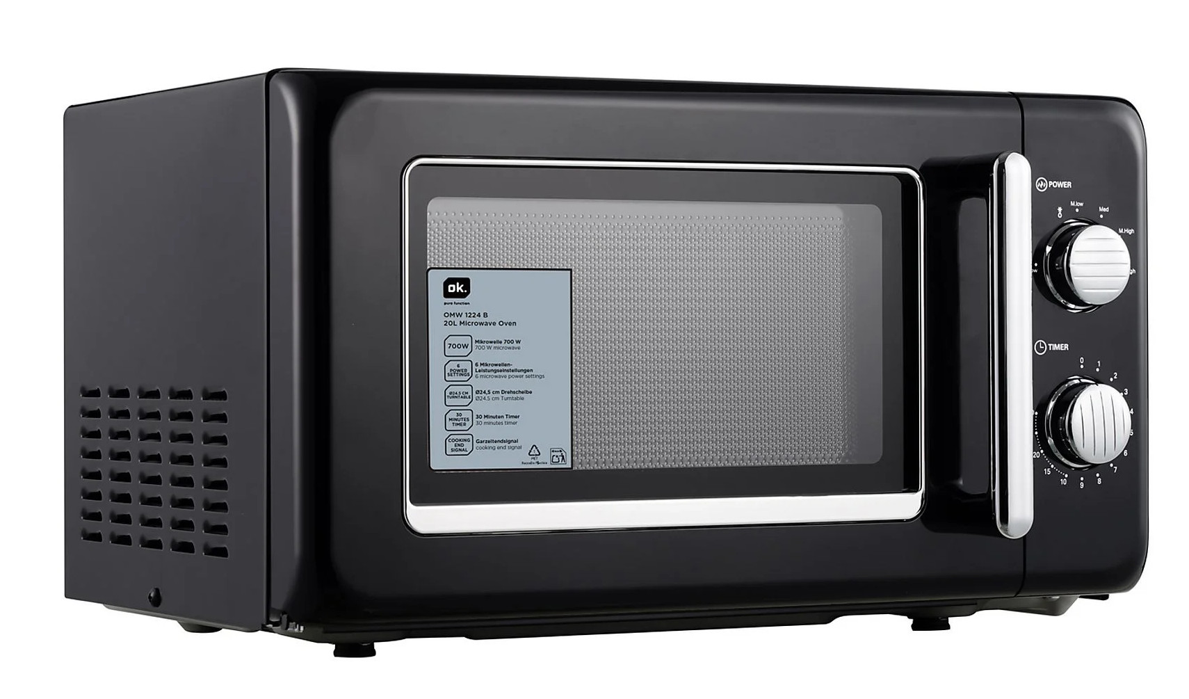 Czarna kuchenka mikrofalowa ze srebrnymi akcentami, pokrętłami i szklanymi drzwiami. Przód ma etykietę.