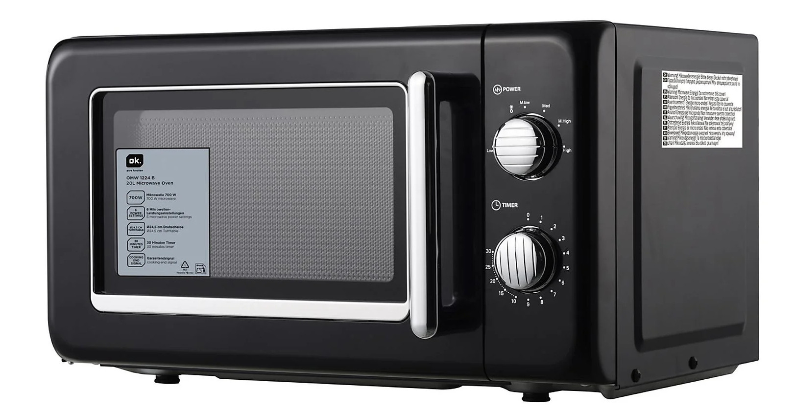 Czarna kuchenka mikrofalowa ze szklanymi drzwiami. Ma pokrętła do sterowania mocą i czasem. Z boku znajduje się etykieta.