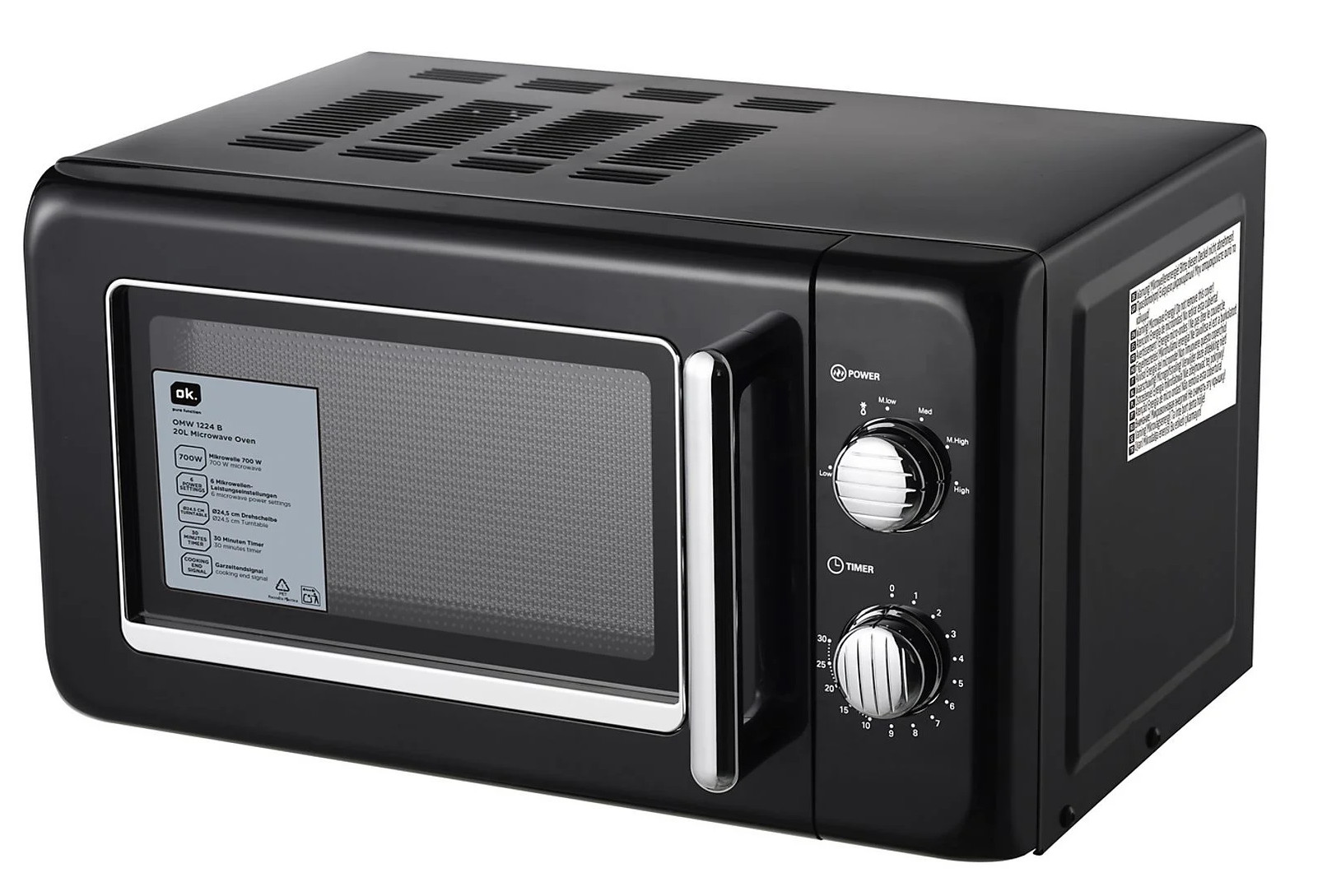 Czarny piekarnik mikrofalowy z panelem sterowania. Ma uchwyt, pokrętła zasilania i timera. Z boku znajduje się naklejka.