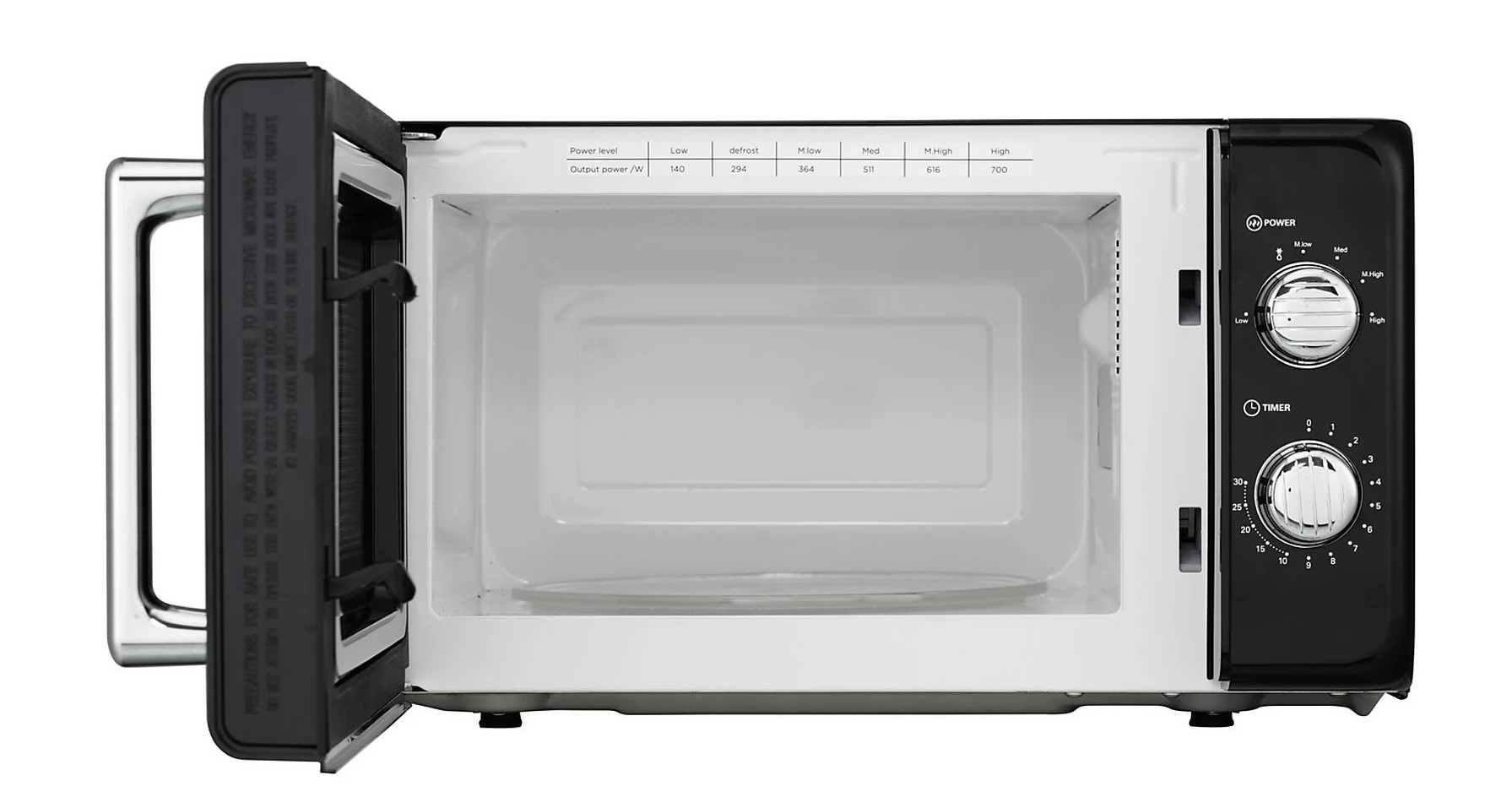 Otwarty piekarnik mikrofalowy. Drzwi są otwarte, ukazując wnętrze. Pokrętła zasilania i timera po prawej stronie.