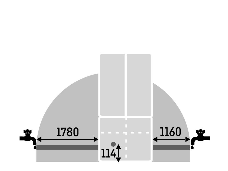 Diagramm einer grauen Struktur mit Abmessungen. Auf jeder Seite befinden sich Wasserhähne. Maße werden mit Pfeilen und Zahlen angezeigt.