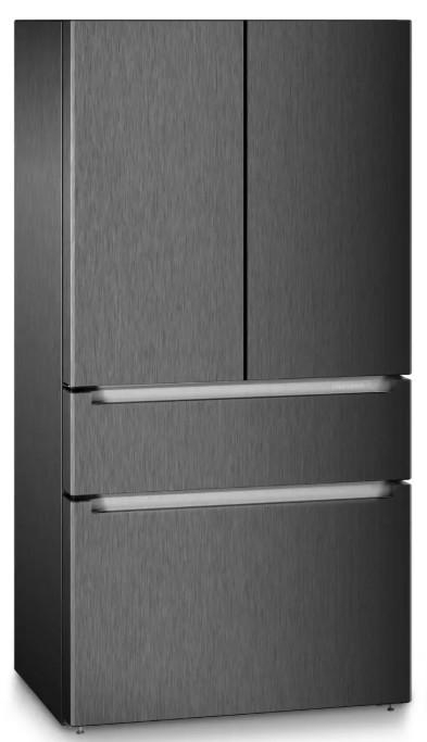 Ein dunkelgrauer Kühlschrank mit zwei Türen und zwei Schubladen. Er hat eine gebürstete Metalloberfläche mit silbernen Griffen und Akzenten.