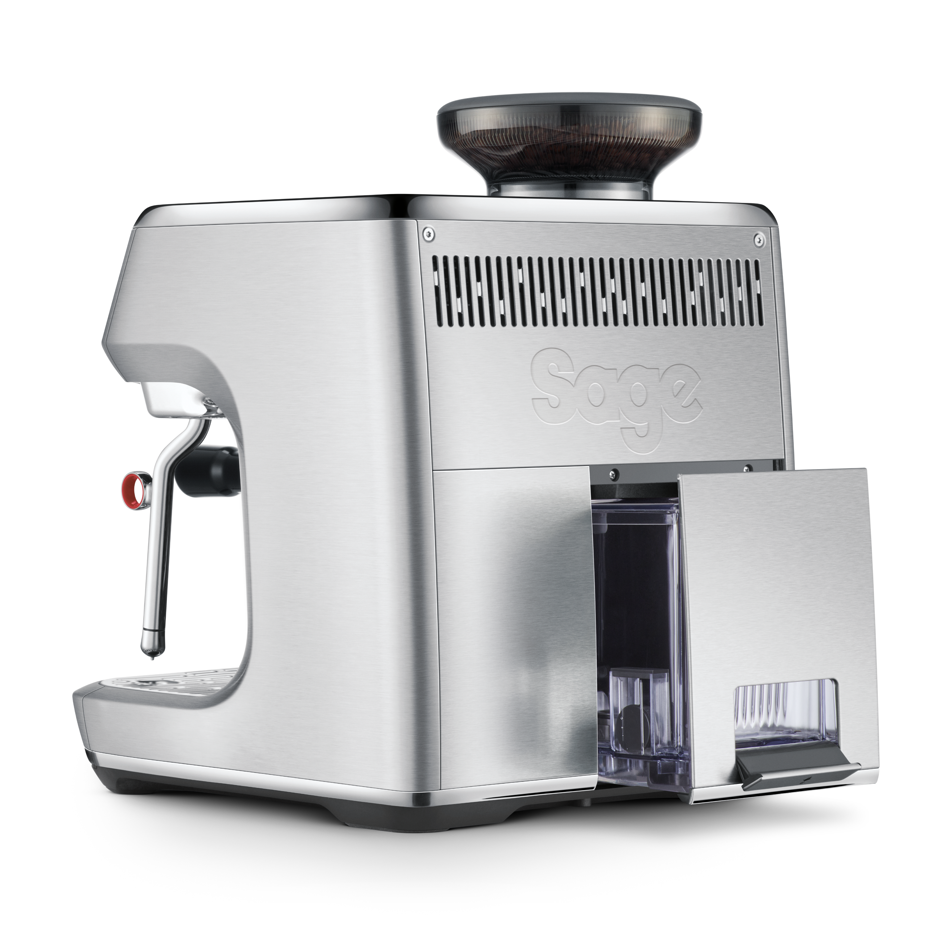 Eine silberne Espressomaschine mit Bohnenbehälter. Sie hat eine offene Wassertanktür. Der Markenname 'Sage' ist sichtbar.