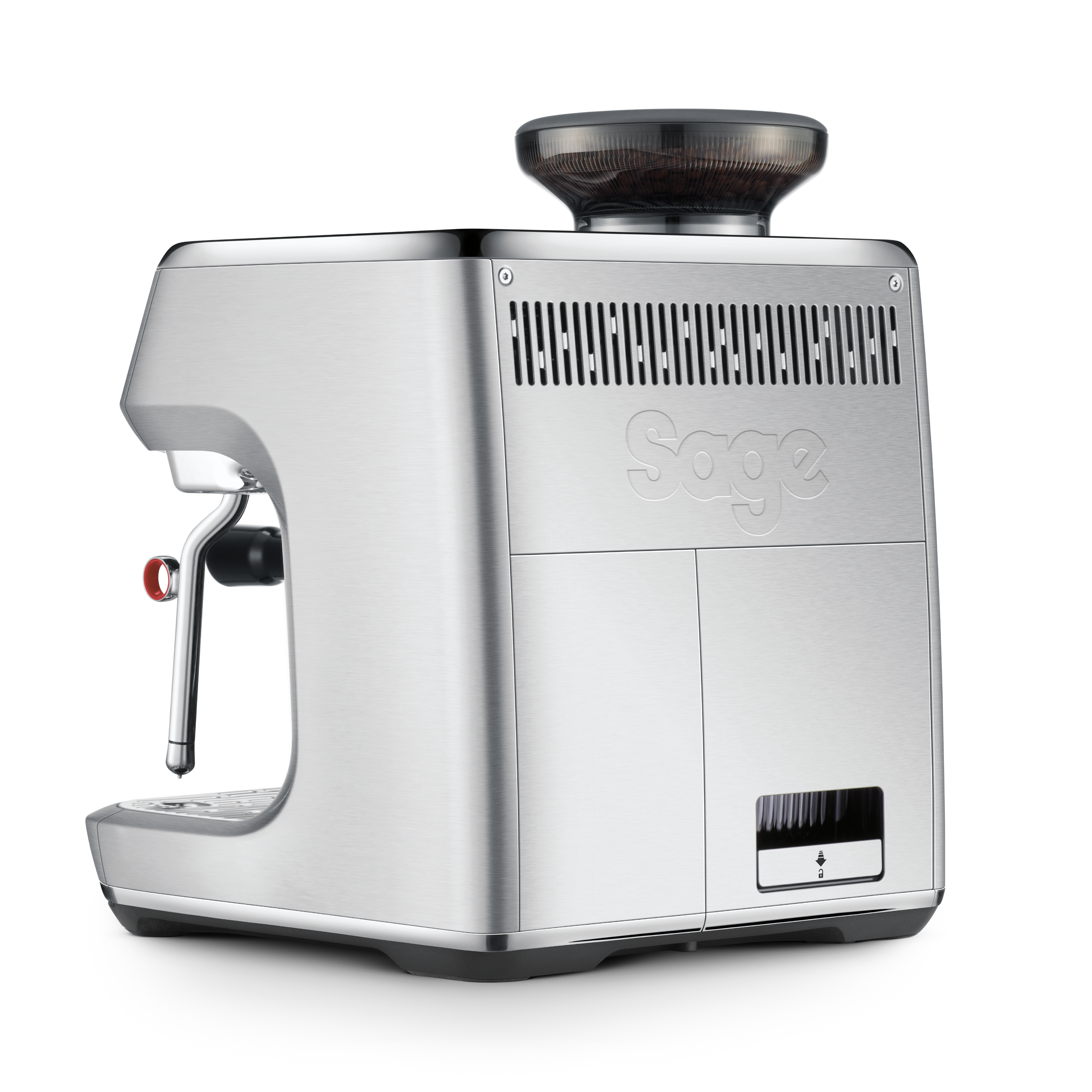 Silberne Sage Espressomaschine. Oben befindet sich ein Bohnenbehälter und links eine Dampflanze.
