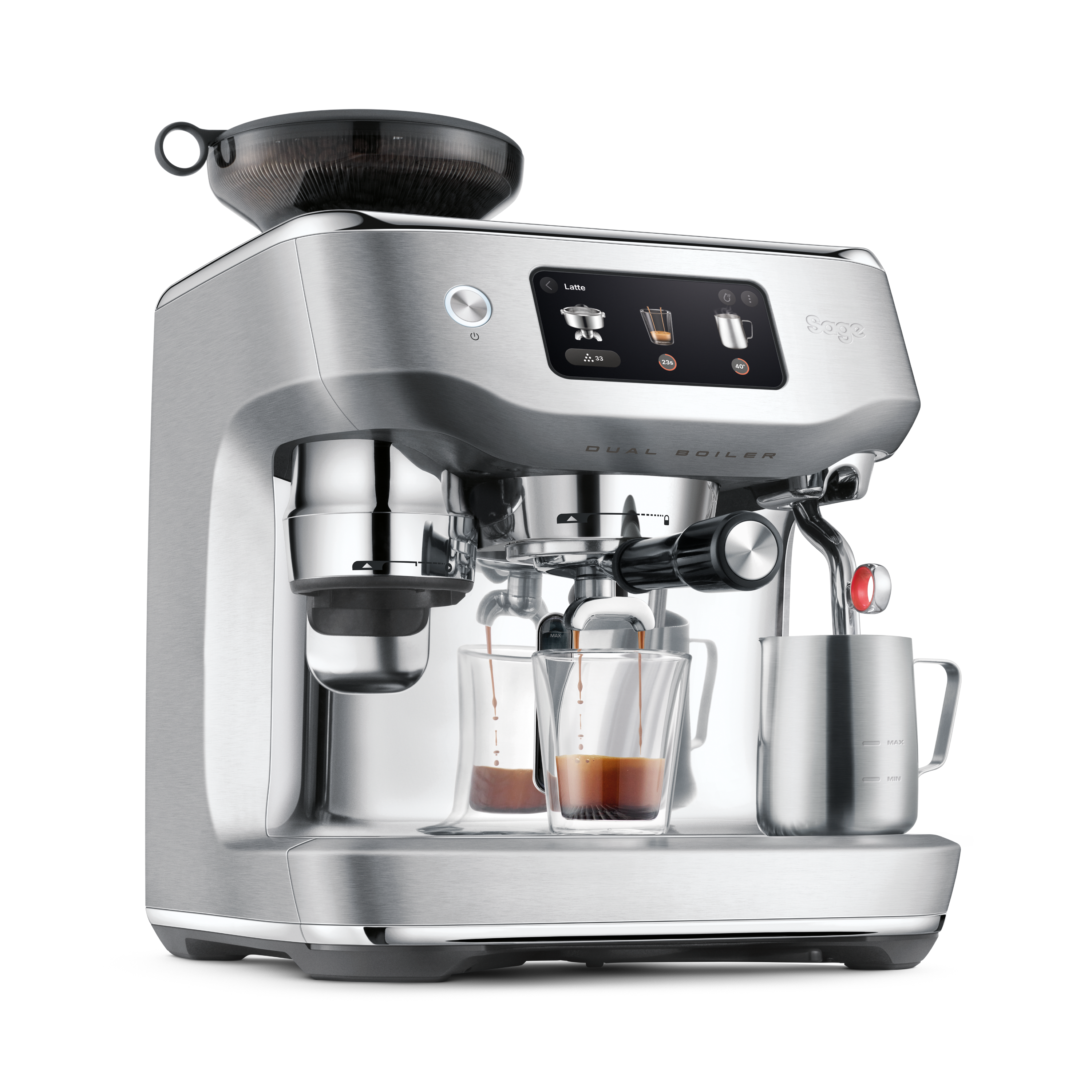 Eine silberne Espressomaschine mit Mahlwerk, Display und Kaffee, der in Gläser gegossen wird.