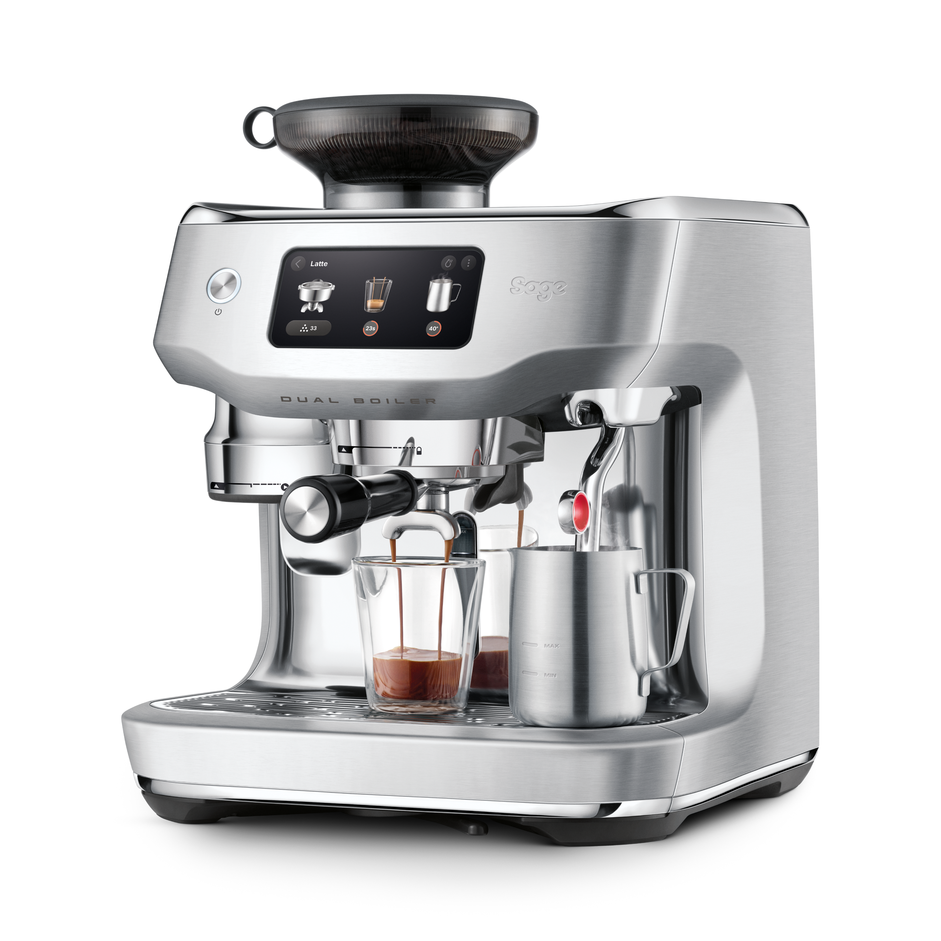 Eine silberne Espressomaschine mit Bohnenbehälter und digitalem Display. Espresso wird in ein Glas gegossen.