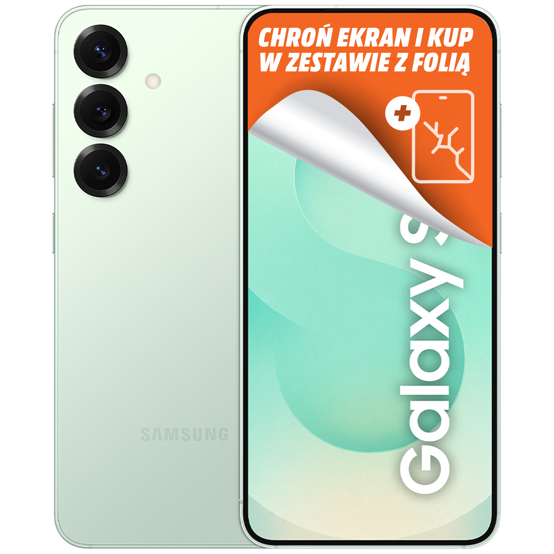 Miętowo-zielony telefon Samsung Galaxy z ochraniaczem ekranu. Na ekranie widnieje napis Galaxy. Widoczne są trzy kamery.