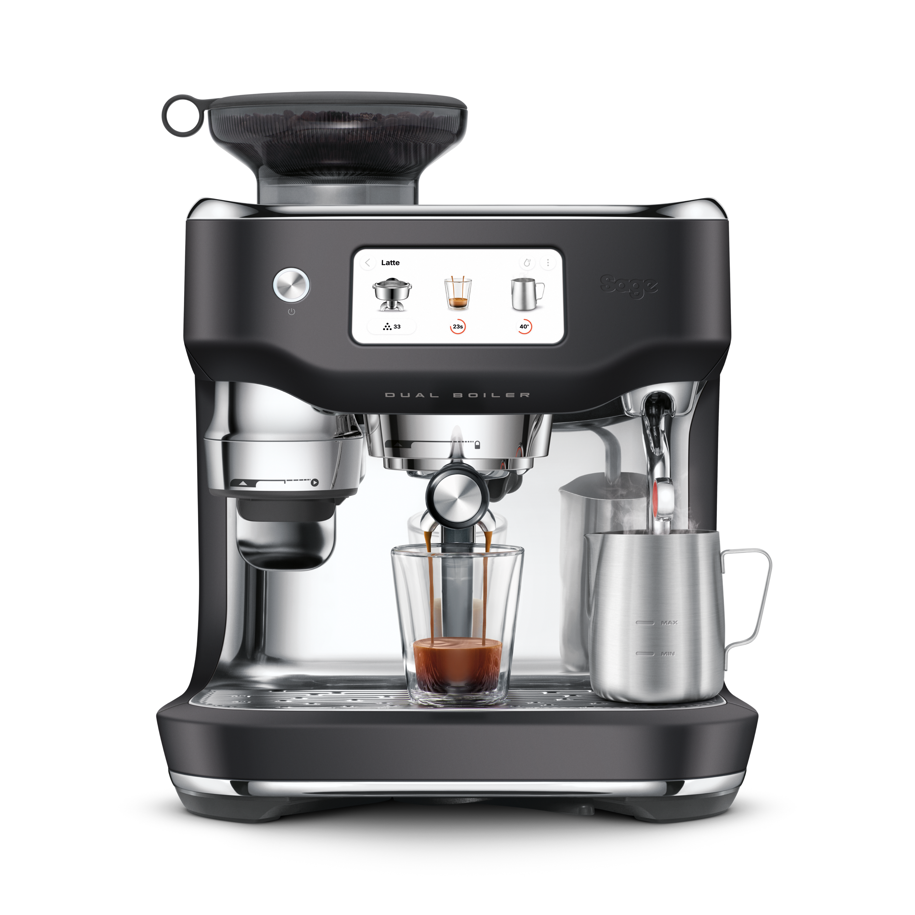 Eine schwarz-silberne Espressomaschine mit Kaffeemühle, Kaffeeglas und Milchaufschäumer.