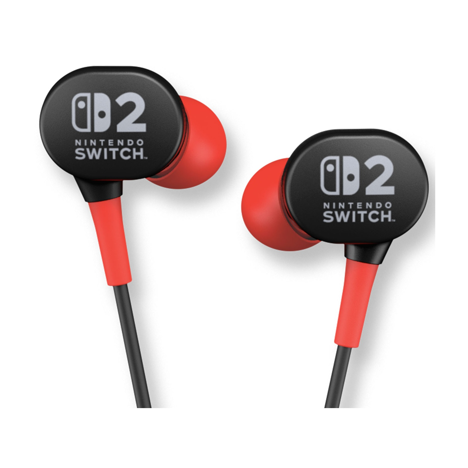 Due auricolari Nintendo Switch rossi e neri. Ognuno ha il logo Switch su un ovale nero, un auricolare rosso e un cavo rosso e nero.