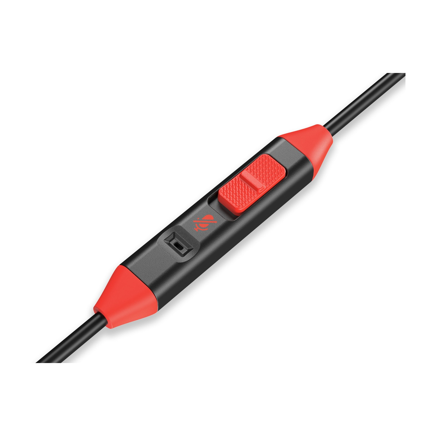 Controllo cuffie nero e rosso con pulsante muto e controllo volume su sfondo bianco.