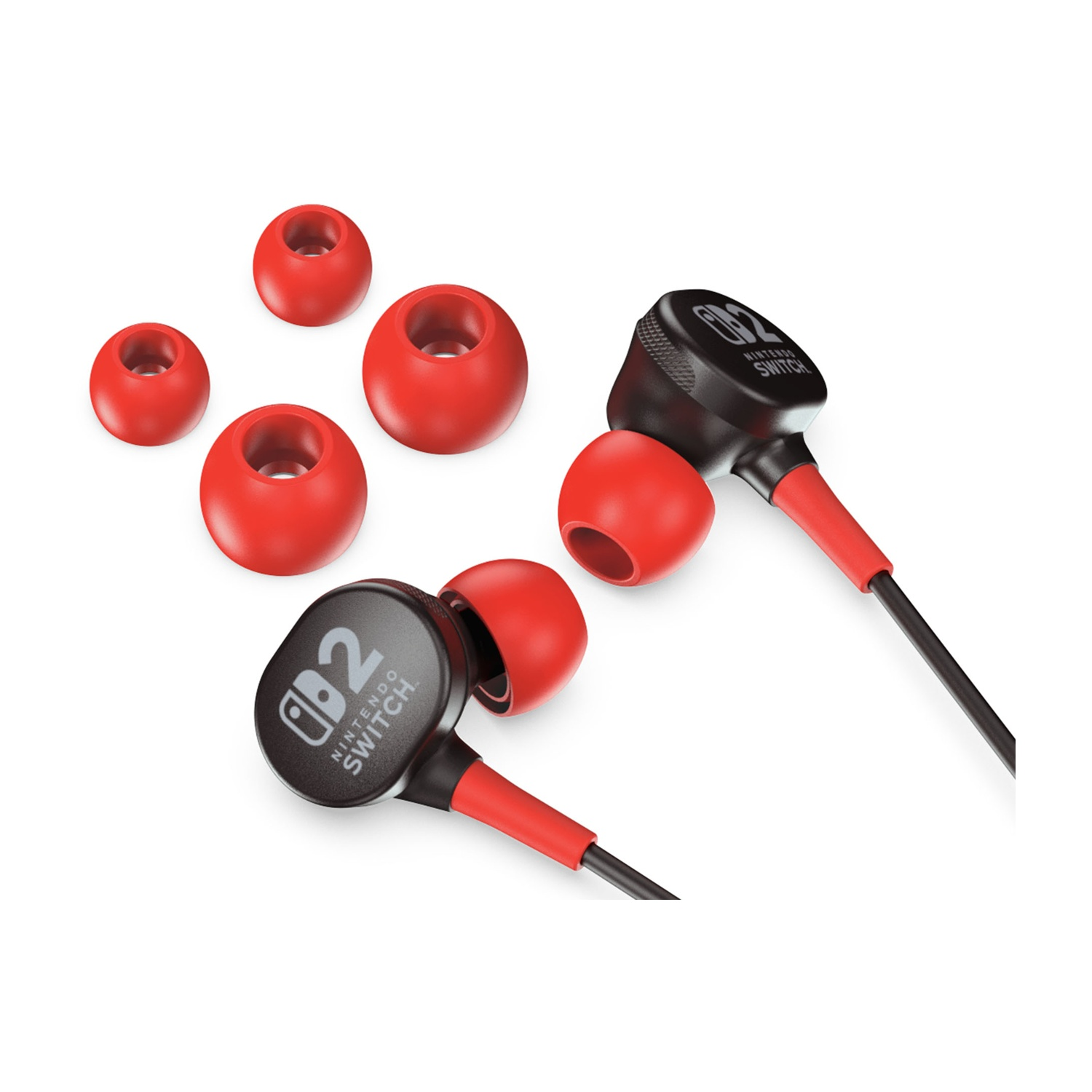 Auricolari per Nintendo Switch. Design nero e rosso, con punte auricolari rosse extra. Gli auricolari sono su sfondo bianco.