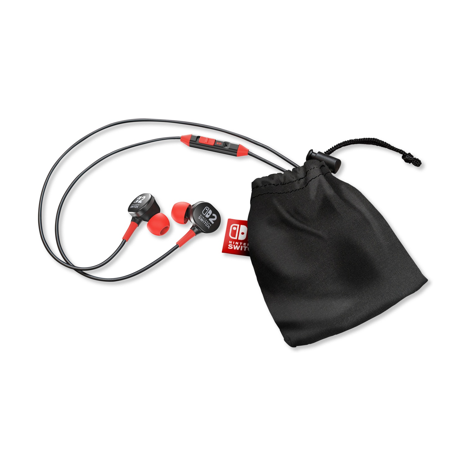 Auricolari con dettagli rossi, un sacchetto nero e un logo Nintendo Switch su sfondo bianco.
